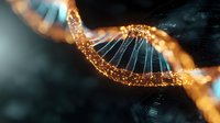 Glowing DNA helix structure with golden light particles on dark background illustrates genetic research and biotechnology advancement in medical science field.