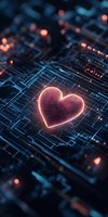Glowing digital heart on futuristic circuit board background with blue and orange light effects, concept of technology and love connection.