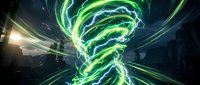 Glowing green electric tornado swirling with lightning bolts against a dark stormy sky, dramatic energy vortex with neon light trails.