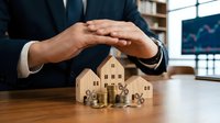 Businessman protecting wooden house models with coins on desk, symbolizing real estate investment, property insurance and financial security planning.