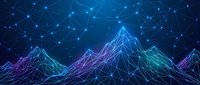 Abstract digital mountain landscape with glowing neon wireframe peaks and connected network nodes on dark blue background for technology concepts.