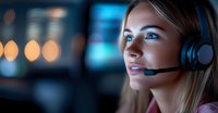 Young female customer service representative wearing headset in dark office with bokeh lights background, working at night shift call center operation.