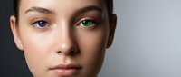 Young woman with heterochromia showing different colored eyes blue and green in close-up portrait with natural makeup and flawless skin for beauty concepts.