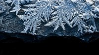 Delicate frost crystals forming intricate ice patterns on dark stone surface during cold winter morning creating natural crystalline formations.