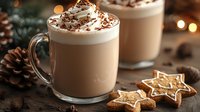 Hot chocolate with whipped cream and chocolate shavings in glass mug with gingerbread cookies and pine cones for cozy winter holiday celebration.