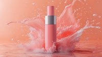 Coral pink cosmetic serum bottle with silver dropper cap splashing in water with dynamic liquid motion effect against peachy background. For beauty product advertising.