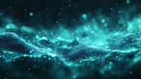 Glowing turquoise particles and light waves flow through dark space creating magical ethereal atmosphere with bokeh effect and sparkling elements. Abstract background.