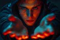 Young man with intense gaze holding glowing magical fire in hands against dark background, dramatic lighting creates mysterious atmosphere with red and blue color contrast.