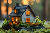 Miniature house with glowing windows surrounded by tiny garden and moss, captured with soft bokeh lights creating magical evening atmosphere.