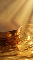 Golden podium on rippling liquid surface with warm sunrays, luxury product display background for cosmetics and premium brand presentation.