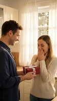 Happy Caucasian man giving surprise gift box to excited woman covering mouth with hands in bright home interior for special occasion celebration.