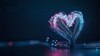 Glowing fiber optic heart shape with pink and blue light trails against dark background creates romantic technological mood for Valentine designs.