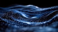 Glowing blue wave of particles flowing in dark space creates dynamic digital landscape with shimmering dots and smooth curves forming abstract technological pattern.
