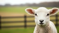Young white lamb with pink ears looking at camera in green pasture with wooden fence background for farm and agriculture content.