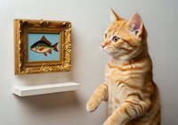 Ginger tabby cat standing on hind legs gazing at framed fish artwork on white shelf against gray wall. Humorous pet scene for home decor and animal content.
