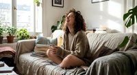 Young woman with curly hair relaxing on cozy sofa at home, holding smartphone and laughing while enjoying comfortable indoor lifestyle moment.