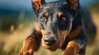 Close-up portrait of adorable black and tan puppy with bright amber eyes looking directly at camera in soft natural lighting for pet photography.