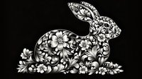 Decorative rabbit silhouette filled with intricate floral pattern in white against black background, featuring detailed swirls and blooming flowers. Suitable for fabric prints.