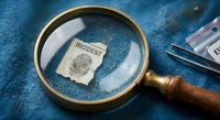 Magnifying glass examining incident report document on blue denim surface for investigation and analysis purposes in law enforcement or security work.