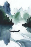 Misty mountain lake landscape with lone fisherman in wooden boat, surrounded by towering peaks and forest silhouettes in soft blue-green watercolor style.