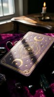 Mystical tarot card with golden celestial symbols and all-seeing eye on purple velvet cloth beside flickering candle creating atmospheric fortune telling scene.