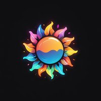 Vibrant sun logo with multicolored gradient petals on black background, combining ocean waves and sunset motif. Modern design element for branding and decoration.