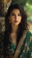 Young South Asian woman in elegant emerald green traditional dress with gold embroidery and ornate earrings, soft natural lighting for fashion and cultural content.