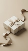 Elegant white gift box tied with a satin beige ribbon and a special offer tag on a neutral background, evoking luxury and celebration.