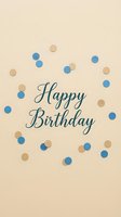 Happy Birthday greeting card with blue and gold confetti dots on a beige background, elegant script lettering for celebration invites.