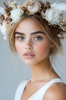 Young woman with natural makeup wearing white floral crown with peonies and dried flowers. Soft romantic portrait with freckles and loose blonde hair for wedding inspiration.