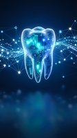 Digital tooth with circuit patterns and glowing network connections representing smart dental technology and AI-powered oral healthcare innovation.