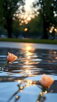 Single pink rose floating on water surface at sunset with golden bokeh reflections and ripples creating peaceful atmospheric mood for meditation and relaxation.