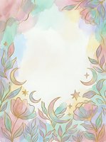Pastel watercolor floral frame with gold crescent moons, stars, and flowers, soft rainbow tones, copy space center for cards or invitations.