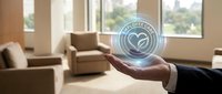Healthcare professional displaying holographic medical heart symbol in modern office environment for telemedicine and digital health services.