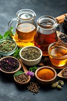 Herbal tea collection with glass teapots, wooden bowls of dried herbs, spices and natural ingredients for healthy brewing and wellness rituals.