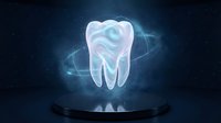 Futuristic holographic tooth projection with glowing blue energy rings on dark digital background for dental technology and healthcare innovation concepts.