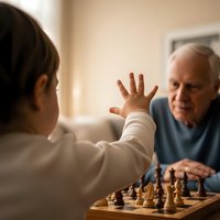 Young child giving high five to elderly grandfather while playing chess together in warm home setting creating intergenerational bonding moment.