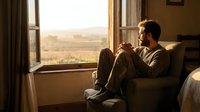 Thoughtful middle-aged Caucasian man sitting by bedroom window during golden hour, enjoying morning coffee while gazing at countryside landscape view.