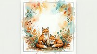 Watercolor fox family with autumn foliage wreath on white background, perfect for nursery decor, greeting cards and seasonal design projects.