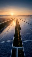 Aerial view of solar panel farm at sunrise with golden sunlight reflecting off photovoltaic cells, misty mountains in background, renewable energy generation and sustainable power technology.