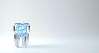 Transparent tooth-shaped container with blue liquid interior, isolated on white background, suitable for dental care product packaging, healthcare marketing, and medical design applications.