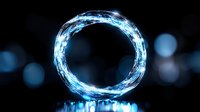 Glowing blue energy ring floating in darkness with bokeh light effects creates mystical atmosphere for fantasy and sci-fi designs.