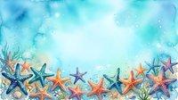 Colorful starfish border on dreamy watercolor ocean background with coral and seaweed elements for marine themed designs and summer vacation concepts.