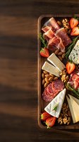 Gourmet charcuterie board with prosciutto, salami, artisan cheeses, fresh strawberries, walnuts and rosemary on rustic wooden tray for entertaining.