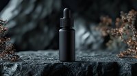 Black dropper bottle on dark stone surface against moody nature background with dried flowers, dramatic lighting for cosmetic and wellness product photography.