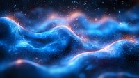 Cosmic waves of glowing blue and pink energy flow through starry space, creating ethereal aurora-like patterns against dark stellar background.