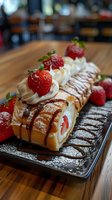 Fresh strawberry cream roll cake with chocolate drizzle and whipped cream rosettes on dark plate, dusted with powdered sugar. Elegant dessert for cafe menu.