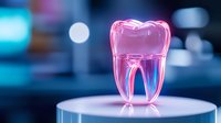 Glowing translucent molar tooth model in pink and blue neon colors against dark background showcases dental care concept with modern aesthetic appeal.