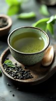 Traditional ceramic cup of matcha green tea on wooden plate with loose tea leaves and fresh herbs, perfect for wellness and tea ceremony concepts.