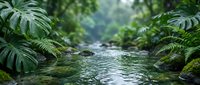 Serene stream flows through lush tropical rainforest with dense green foliage and monstera plants framing both sides of the water for nature and travel content.